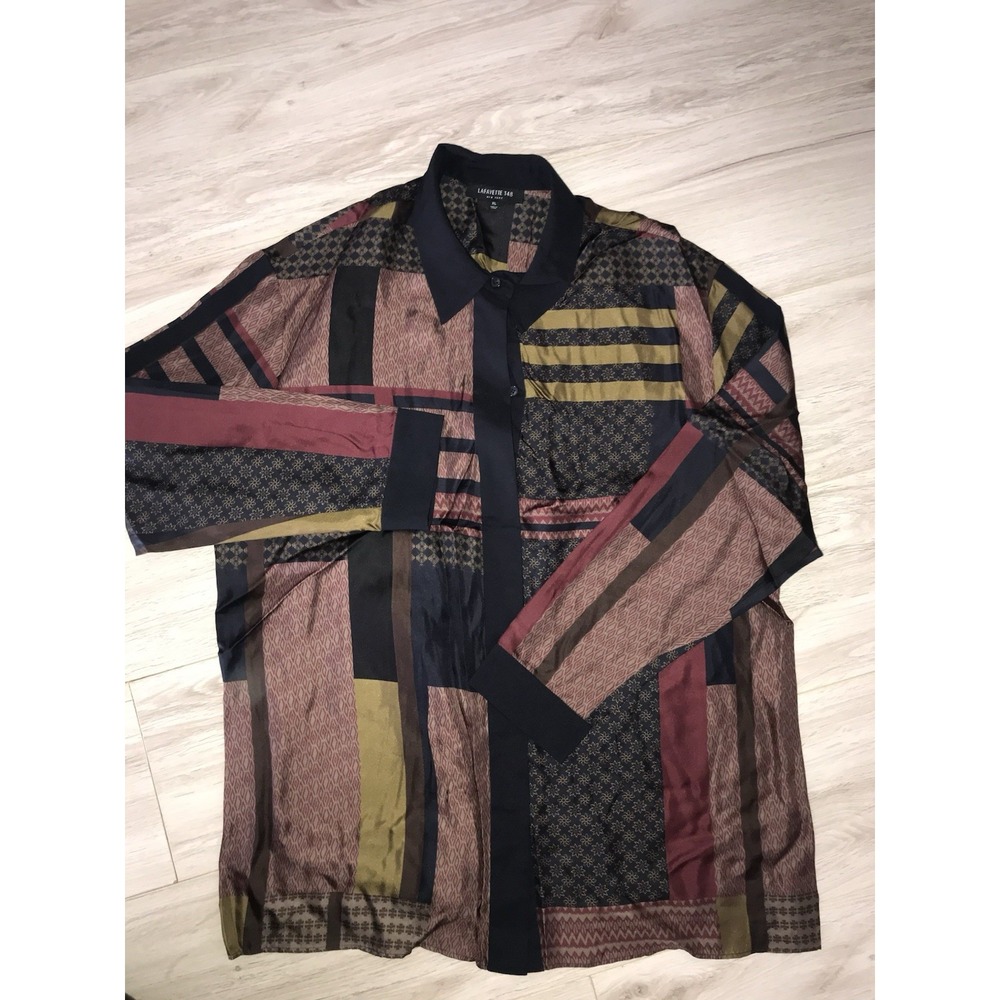 Lafayette 148 New York Geometric Printed Silk Crepe Button Up Blouse XL Luxury